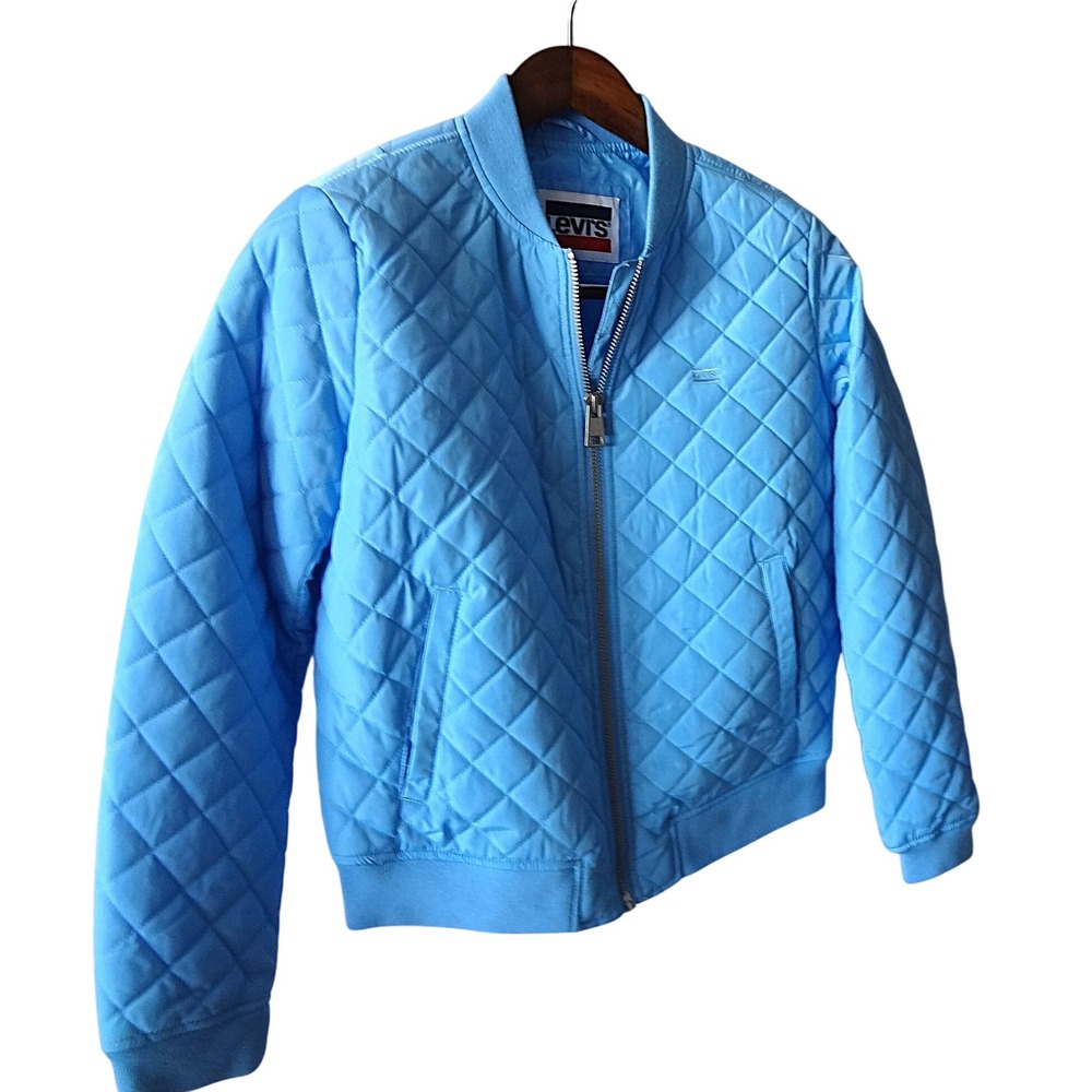 NWLevis Womens Quilted Bomber Jacket Sky Blue Diamond Stitch Full Zip Coat Med